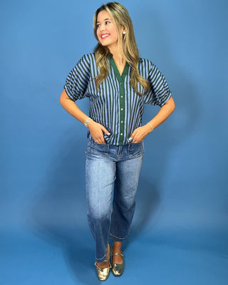 Forest Breeze Stripe Cotton Button Up Top - All About You