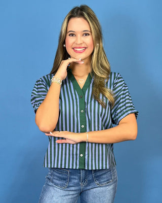 Forest Breeze Stripe Cotton Button Up Top - All About You