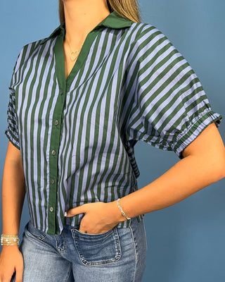 Forest Breeze Stripe Cotton Button Up Top - All About You