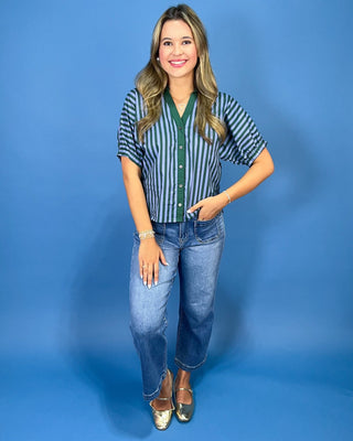 Forest Breeze Stripe Cotton Button Up Top - All About You