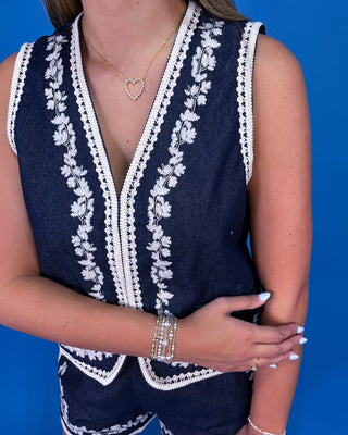 French Countryside Embroidered Denim Shorts Set - All About You