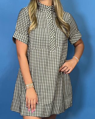 Fresh Picked Olive Gingham Mock Neck Shirt Dress - All About You