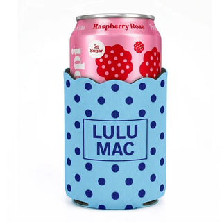 Pink can of raspberry rose soda with a blue polka dot can cooler labeled 'LULU MAC' on a white background.