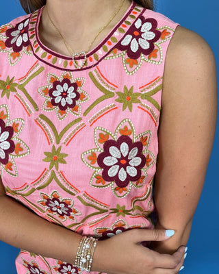 Gardenia Pink Floral Embroidered Shift Mini Dress - All About You