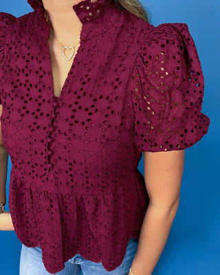 Garnet Grove Eyelet Scallop Detail Puff Sleeve Top - All About You