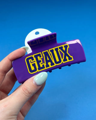 Geaux Purple Claw Hair Clip featuring bold LSU-inspired lettering