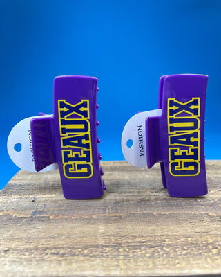 Geaux Purple Claw Hair Clip featuring bold LSU-inspired lettering