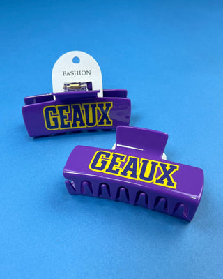 Geaux Purple Claw Hair Clip featuring bold LSU-inspired lettering