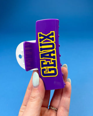 Geaux Purple Claw Hair Clip featuring bold LSU-inspired lettering
