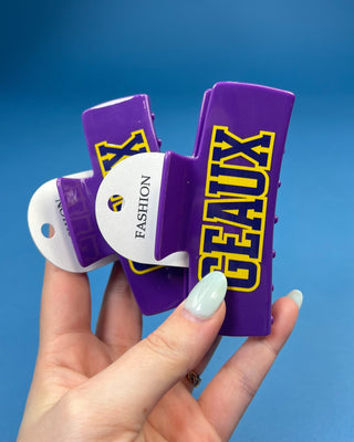 Geaux Purple Claw Hair Clip featuring bold LSU-inspired lettering