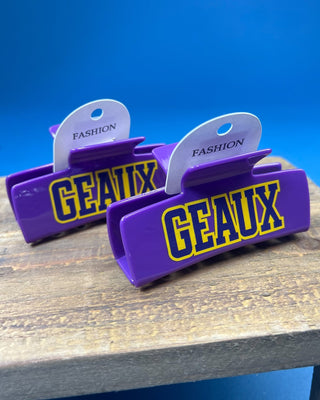 Geaux Purple Claw Hair Clip featuring bold LSU-inspired lettering