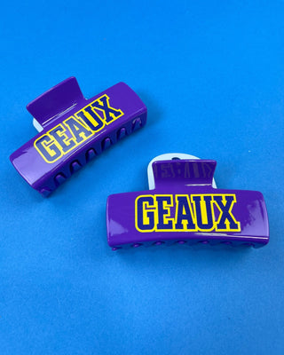 Geaux Purple Claw Hair Clip featuring bold LSU-inspired lettering