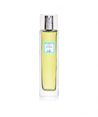Acqua di Elba Eau de Toilette perfume bottle by Salvatore Ferragamo, featuring a clear glass rectangular bottle filled with pale yellow liquid, a silver spray nozzle, and a white label with a blue border.