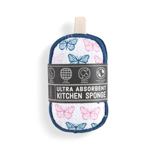 Ultra absorbent kitchen sponge with butterfly pattern on a white background