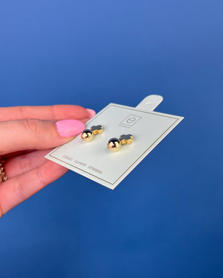 eNewton Signature Cross Gold Stud Earrings in classic gold featuring a polished gold ball with a cross accent and secure post backs, lightweight faith-inspired earrings displayed on an eNewton jewelry card.