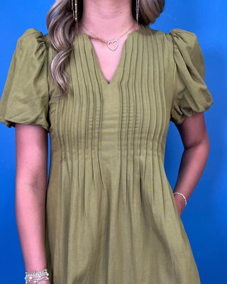 Golden Grove Olive V-Neck Pintuck Midi Dress - All About You