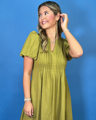 Golden Grove Olive V-Neck Pintuck Midi Dress - All About You
