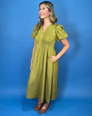 Golden Grove Olive V-Neck Pintuck Midi Dress - All About You