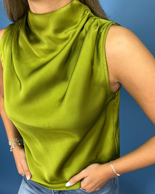 Olive Satin Cowl Neck Sleeveless Top featuring a draped neckline, silky satin finish, lightweight fit, and elegant everyday