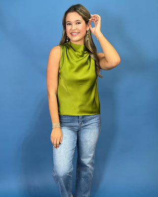 Golden Olive Satin Cowl Neck Sleeveless Top - All About You