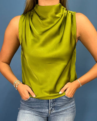 Olive Satin Cowl Neck Sleeveless Top featuring a draped neckline, silky satin finish, lightweight fit, and elegant everyday