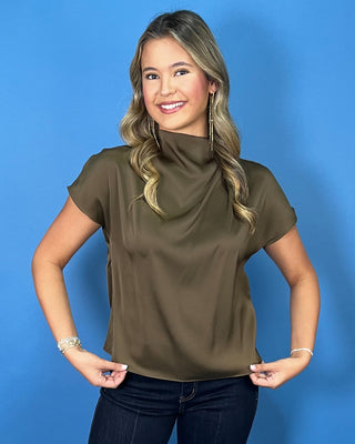 Golden Satin Brown Mock Neck Cap Sleeve Top - All About You