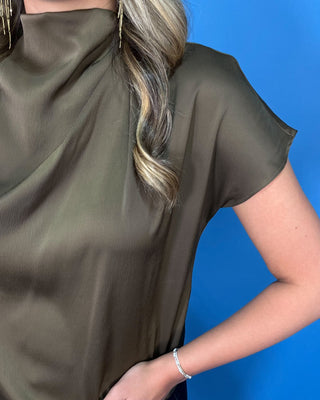 Golden Satin Brown Mock Neck Cap Sleeve Top - All About You