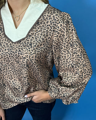 Golden Savannah Leopard V Neck 3/4 Sleeve Top - All About You