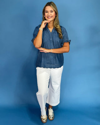 Graceful Blue Scallop Trim Top - All About You