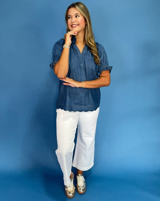 Graceful Blue Scallop Trim Top - All About You