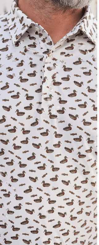 Duck & Call Polo featuring a duck and duck call print, stretch performance fabric, polo collar, and breathable comfort.
