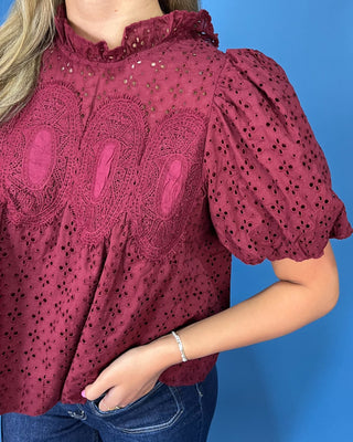 Harvest Wine Eyelet Lace Detail Puff Sleeve Top - All About You