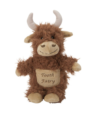 Plush toy yak with 'Tooth Fairy' pouch on a white background