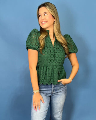 Holly Lane Green Eyelet Puff Sleeve Tiered Top - All About You