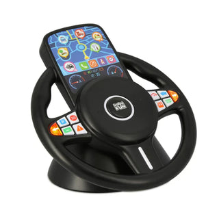 Children's toy steering wheel with digital display on a white background
