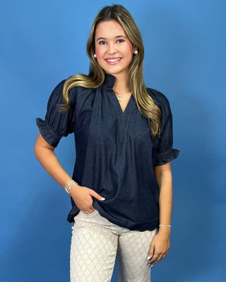 Indigo Charm Puff Sleeve Scallop Hem Denim Top - All About You