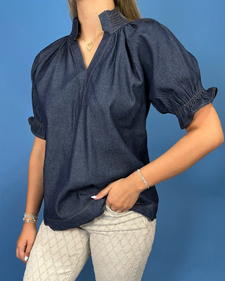 Indigo Charm Puff Sleeve Scallop Hem Denim Top - All About You