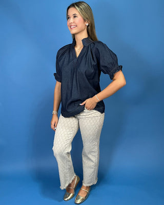 Indigo Charm Puff Sleeve Scallop Hem Denim Top - All About You