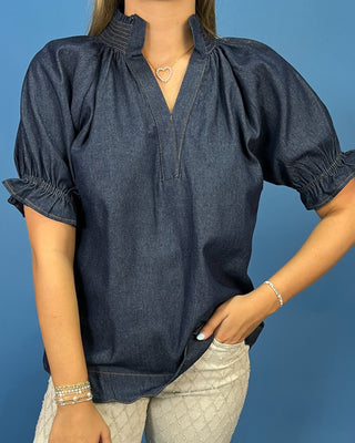 Indigo Charm Puff Sleeve Scallop Hem Denim Top - All About You