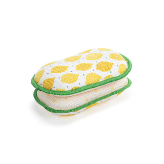 Two reusable kitchen sponges with yellow floral patterns on a white background