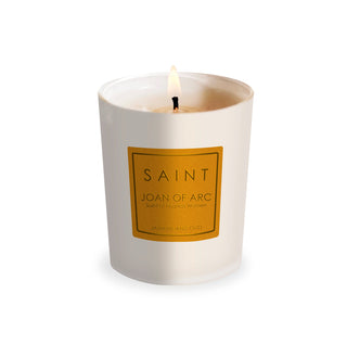 Candle with a 'Saint Joan of Arc' label on a white background