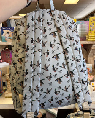 kids Duck Print Backpack featuring a fun duck pattern, durable construction, and spacious storage.