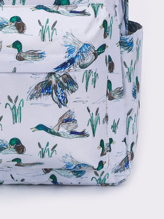 kids Duck Print Backpack featuring a fun duck pattern, durable construction, and spacious storage.