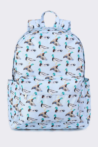 kids Duck Print Backpack featuring a fun duck pattern, durable construction, and spacious storage.