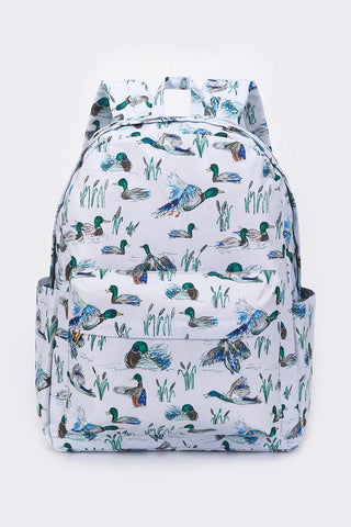 kids Duck Print Backpack featuring a fun duck pattern, durable construction, and spacious storage.