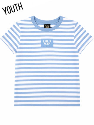 A youth short-sleeve t-shirt with light blue and white horizontal stripes, featuring a small light blue rectangular patch on the left chest with the text 'LULU MAC' in white. The word 'YOUTH' is printed in black in the top-left corner.