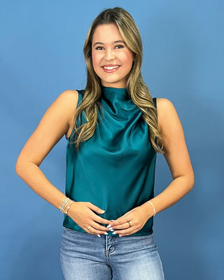 Lagoon Luxe Satin Cowl Neck Sleeveless Teal Top - All About You