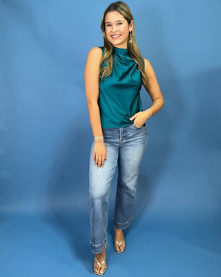 Lagoon Luxe Satin Cowl Neck Sleeveless Teal Top - All About You
