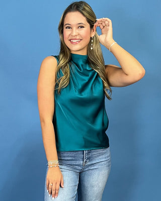 Lagoon Luxe Satin Cowl Neck Sleeveless Teal Top - All About You