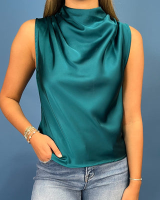 Lagoon Luxe Satin Cowl Neck Sleeveless Teal Top - All About You